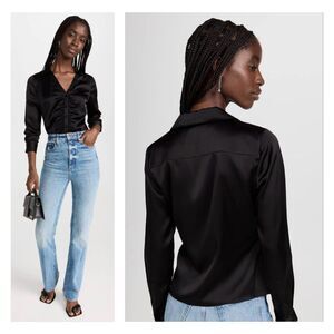 THEORY Ruched Satin Button-Front Shirt, Black, Sz S